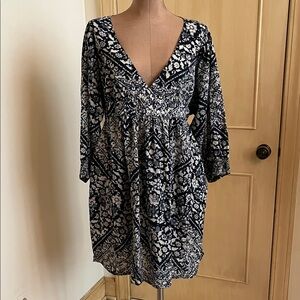 DENIM & SUPPLY Boho Beach BBQ Summer Navy/White Floral Dolman SLV Empire Dress L